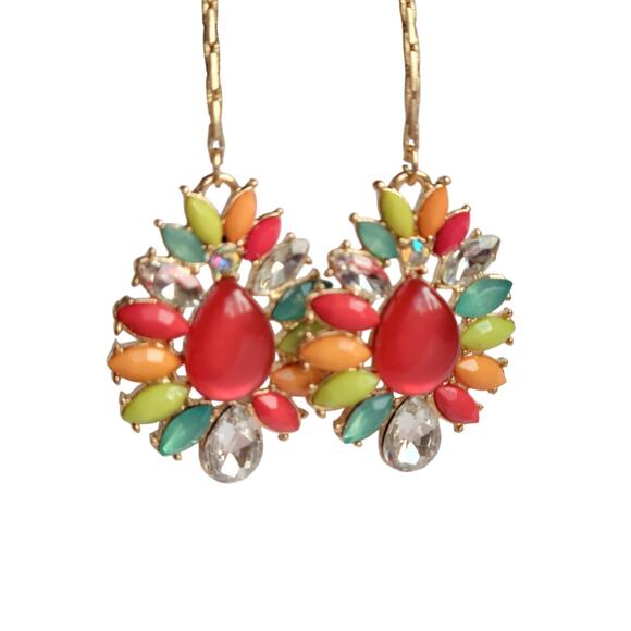 Gold Tone Drop Earrings Multicolor Resin Stones 2.75" Long Rhinestone, Gift Bag - Picture 12 of 13